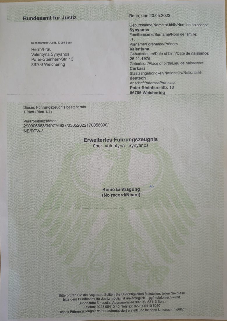 Erweitertes Führungszeugnis — keine Eintragung